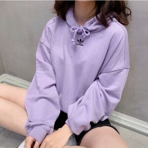 Adidas Adicolor Essentials Purple Trefoil Logo Crop Pullover Hooded Sweatshirt